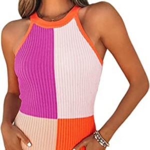 Women Halter Neck Colorblock Ribbed Tank Dress Summer Sleeveless Bodycon